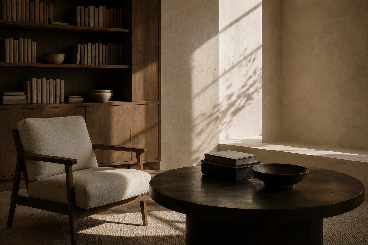 Quiet interior with chair, bookshelves, and warm window light