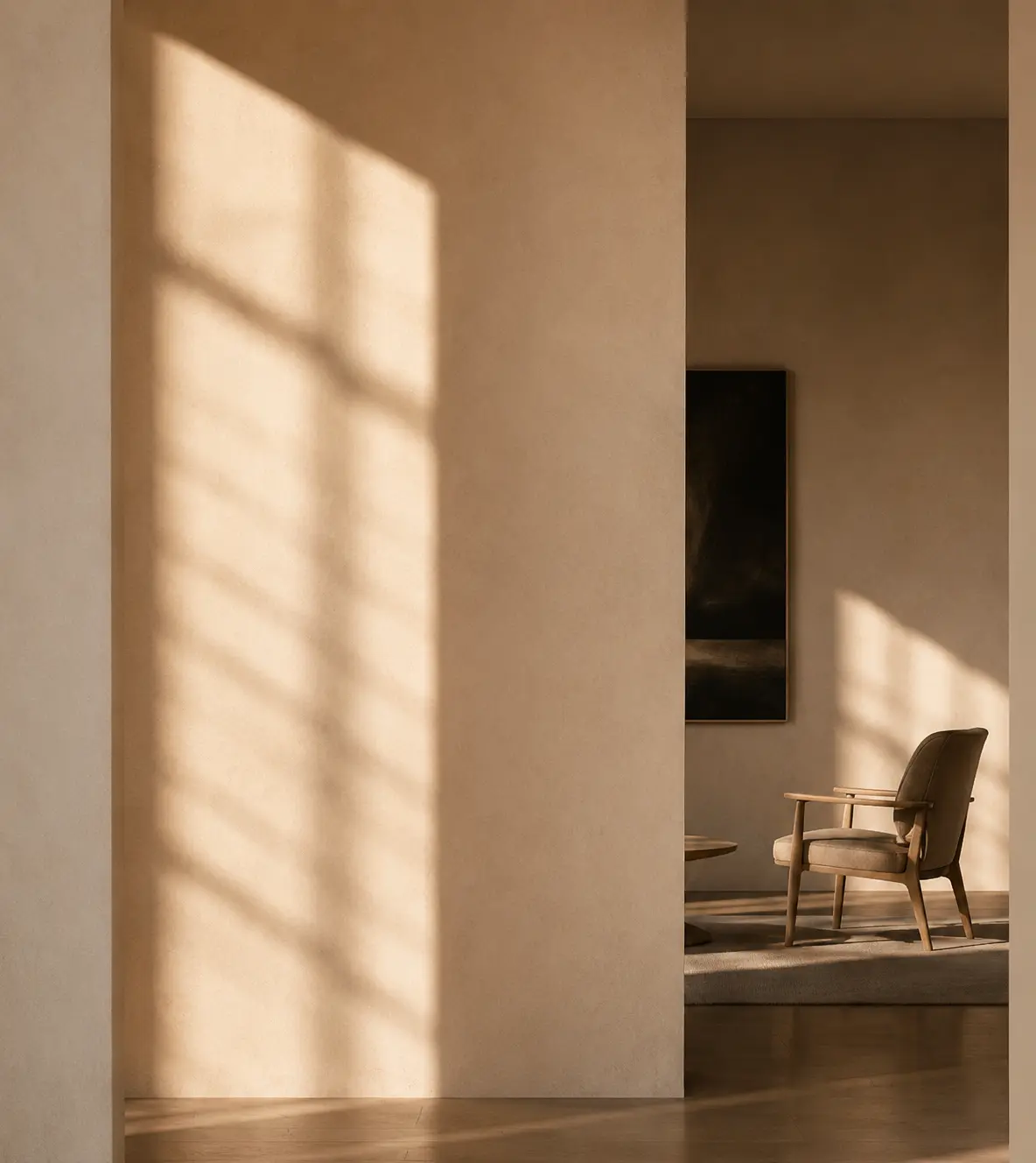 Sunlit interior with warm architectural shadows and a quiet chair