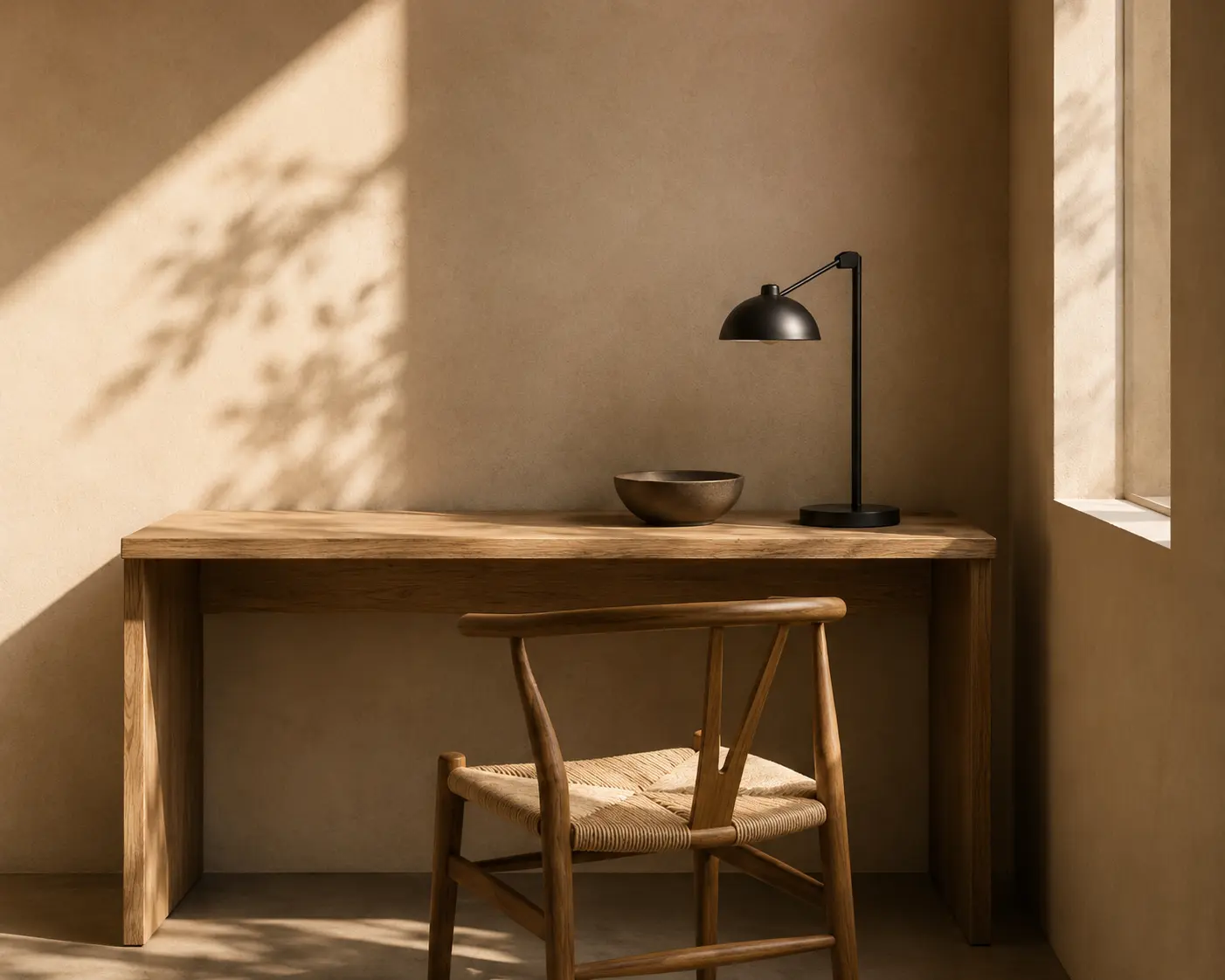 Sunlit interior room with a chair and warm architectural shadows